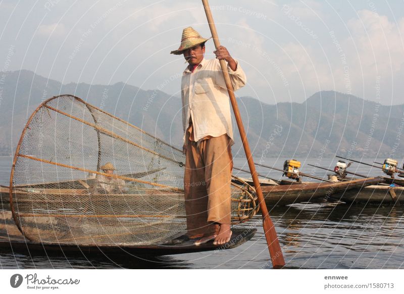 Fishermen at Lake Inle Human being Masculine Man Adults 2 30 - 45 years Nature Water Clouds Spring Mountain Inle Lake Fishing boat Hat Esthetic Authentic Exotic