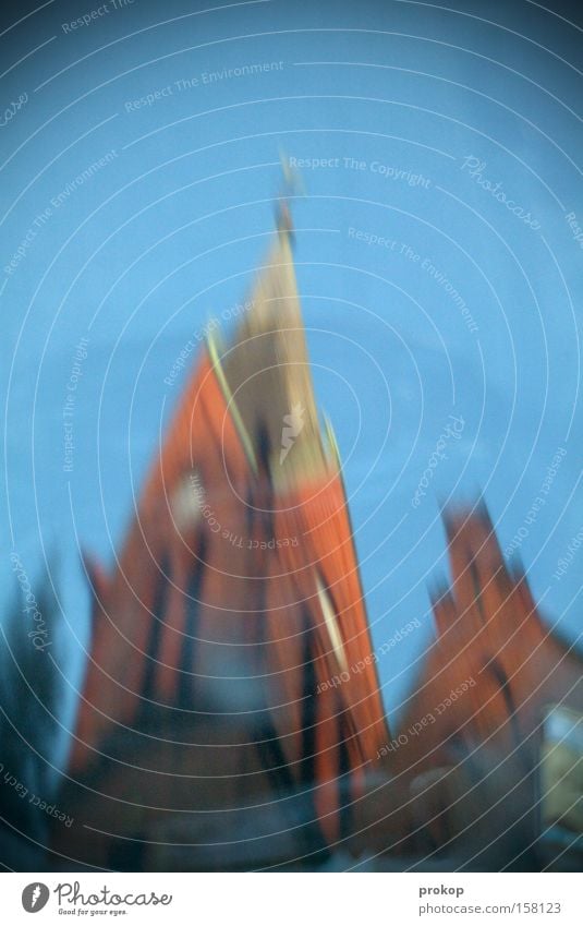 The bell ringer's drunk. Church Church spire Tower Holy Blur Distorted Reflection Bell tower Sky Beautiful Beautiful weather Cloudless sky Blue Baroque Brick