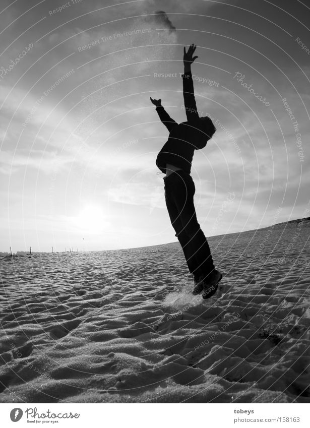 have fun Joy Vacation & Travel Far-off places Freedom Winter Snow Aviation Flying Jump Throw Infinity Black & white photo