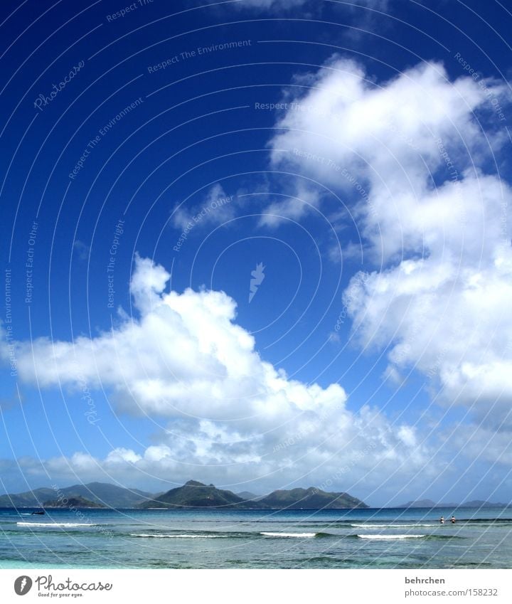 summer, palms, sunshine... Seychelles Dream island Clouds Sky Ocean Waves Blue Wanderlust To enjoy Honeymoon Mountain Beach Coast Vacation & Travel