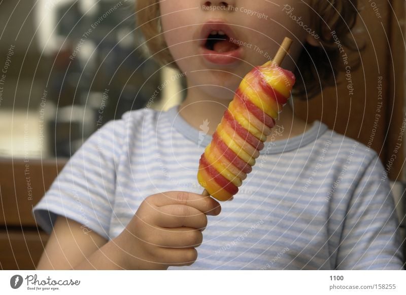 Little connoisseur Refreshment Child Lollipop Lick Nutrition Red Candy cane Summer Ice ice on a stick Boy (child) Orange Eating
