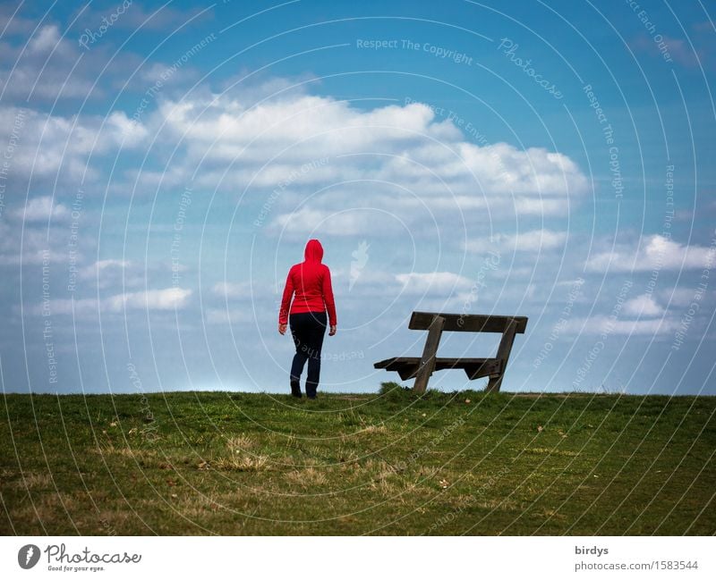 Woman with red hoodie leaves a park bench Lifestyle Leisure and hobbies Feminine Hooded sweater 1 Human being 30 - 45 years Adults 45 - 60 years Sky