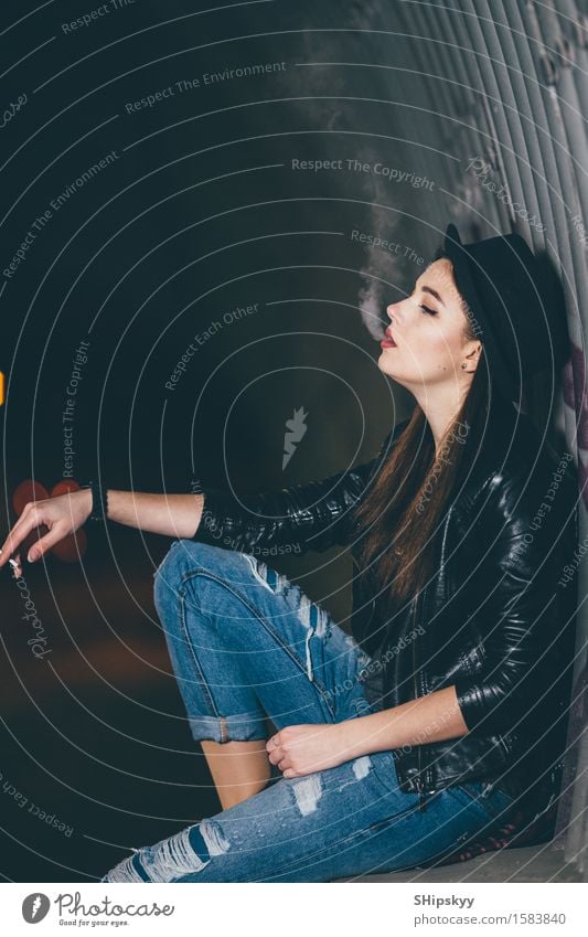 Young girl sitting on the floor and smoke Style Face Make-up Human being Girl Woman Adults Arm Hand Fog Town Street Car Fashion Hat Think Stand Dark Eroticism