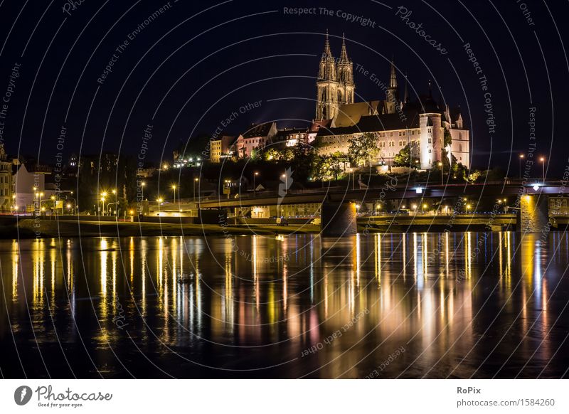 Albrechtsburg Castle in Meissen Tourism Sightseeing City trip Architecture Culture Environment Landscape Water Night sky River bank albrechtsburg Saxony Elbe