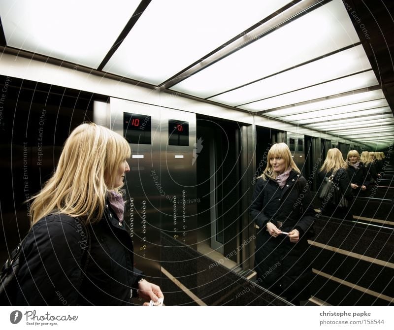 Mirror on the wall Reflection Wide angle Looking Beautiful Woman Adults Elevator Blonde Infinity