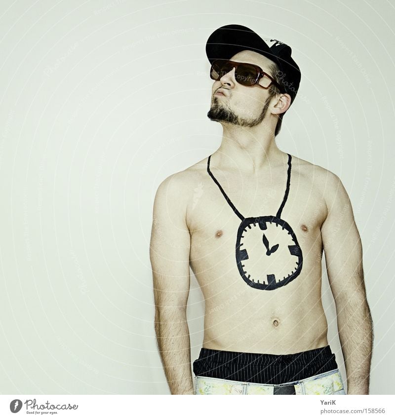 my clock hang low Chain Clock Hang Upper body Man Naked Sunglasses Baseball cap Hip-hop Recitative Chest paint on painted on black Hip & trendy Time