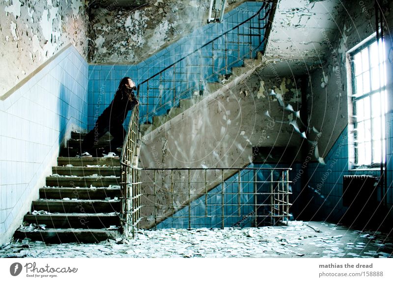OUTPOURING OF THOUGHT Man Stand Solidify Calm Rain Tile Blue Window Mystic Old Derelict Chaos Interior design Transience stairwell blurred