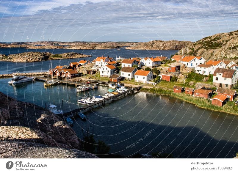Small harbor with boats on archipelago island in Sweden Panorama (View) Deep depth of field Reflection Contrast Light Day Copy Space right Copy Space top