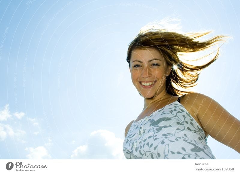 and she smiles. Woman Laughter Joy Humor Joie de vivre (Vitality) Attractive Beautiful Summer 1 person spring sky