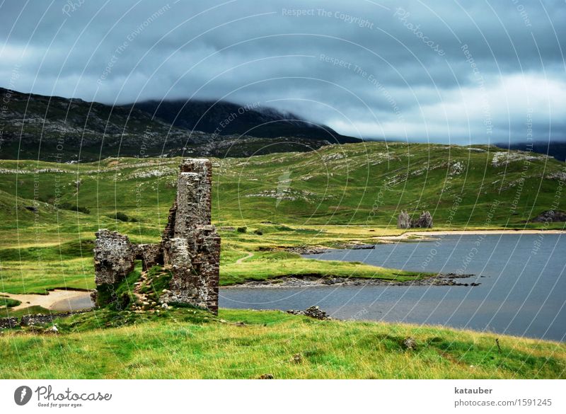 time-honored Adventure Freedom Sightseeing Architecture Landscape Clouds Bad weather Grass Hill Lakeside Scotland Building Ruin castle ardvreck Wall (barrier)