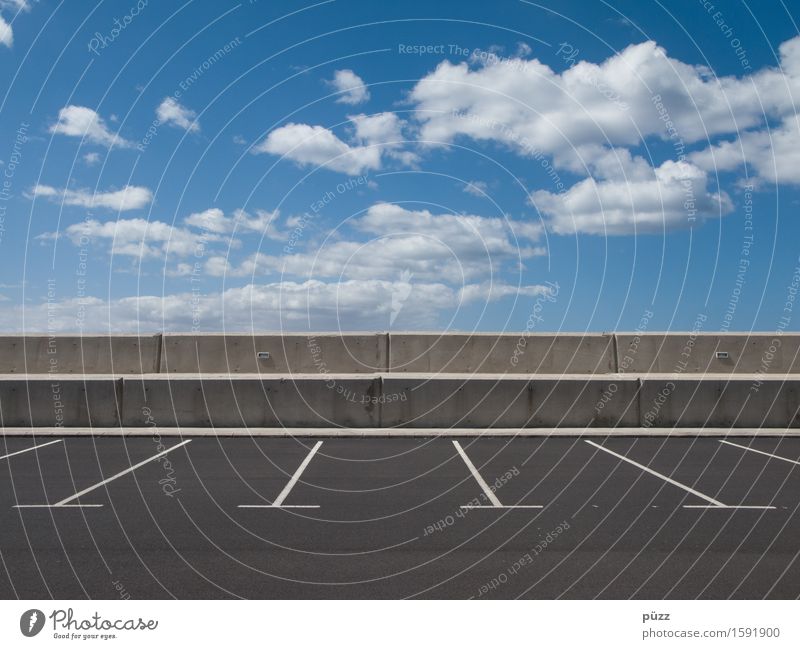 parking space Sky Clouds Beautiful weather Deserted Transport Traffic infrastructure Road traffic Motoring Street Stone Concrete Blue Gray White Horizon