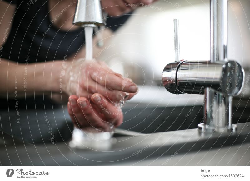 Washing hands Kitchen Housewife Woman Adults Life Wash hands Hand Women`s hand 1 Human being Tap Fittings Kitchen sink Wet Clean Cleanliness Personal hygiene