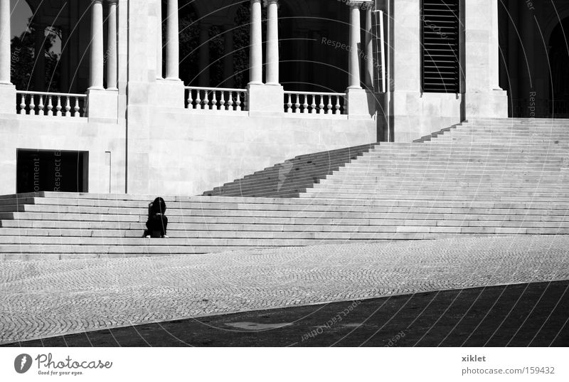 alone Black & white photo Day Light Deep depth of field Front view Summer Sadness Grief Distress Stairs Loneliness reflecting