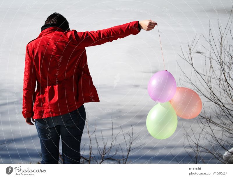 parted Balloon Water Lake Woman Goodbye Far-off places Grief Red Calm Loneliness Multicoloured Nature Transience Distress Coast