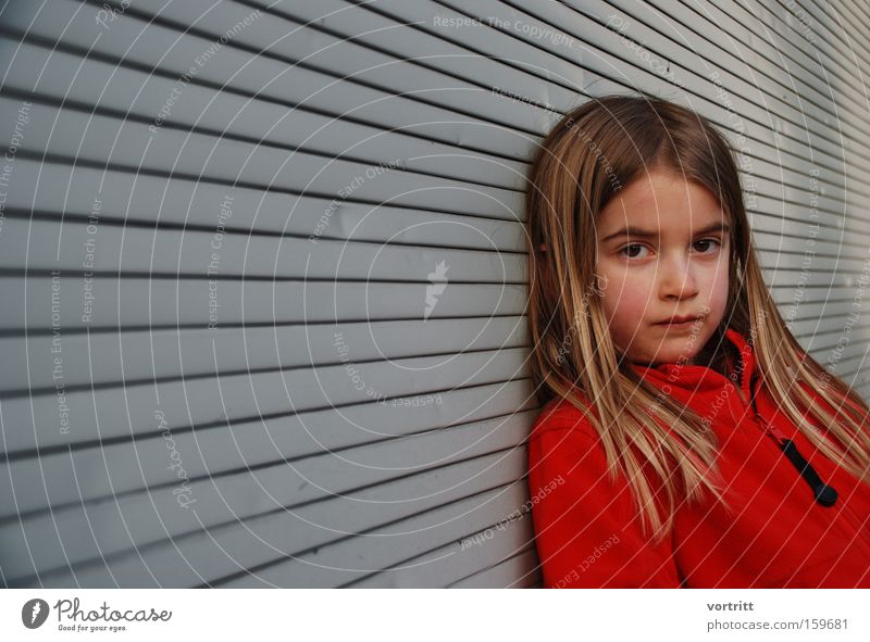 view Child Girl Youth (Young adults) Human being Looking Head Hair and hairstyles Perspective Boredom Red Portrait photograph Venetian blinds Techno Hippie