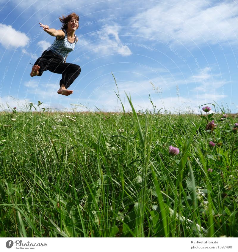 jump Human being Feminine Young woman Youth (Young adults) 1 13 - 18 years 18 - 30 years Adults Nature Landscape Sky Clouds Meadow Movement Jump Free Happiness