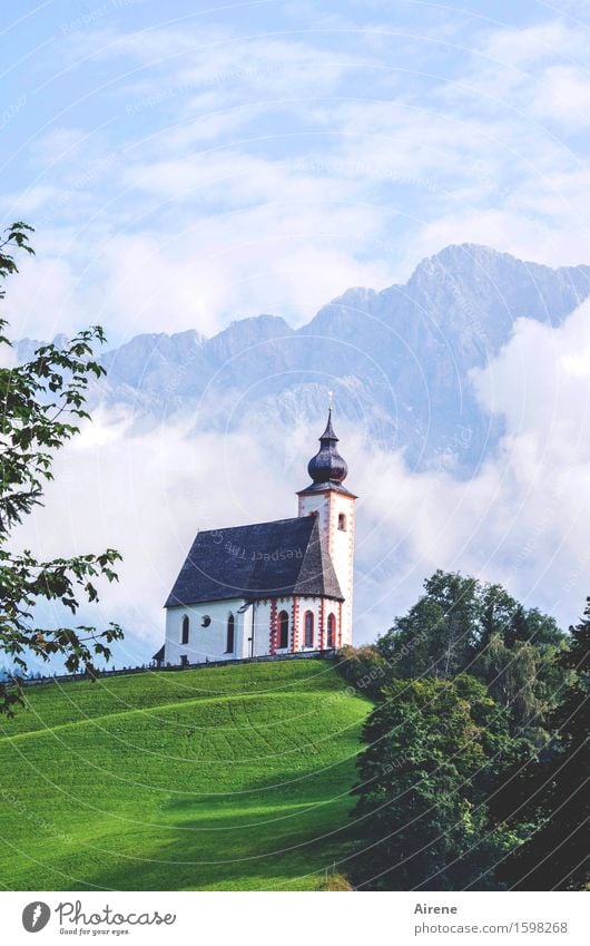 scenery Architecture Sky Clouds Beautiful weather Fog Alps Mountain High King Austria Village Manmade structures Church Onion tower Tourist Attraction Blue
