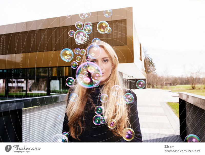 Woman with soap bubbles in industrial environment Lifestyle Elegant Style Feminine Young woman Youth (Young adults) 30 - 45 years Adults Town Downtown