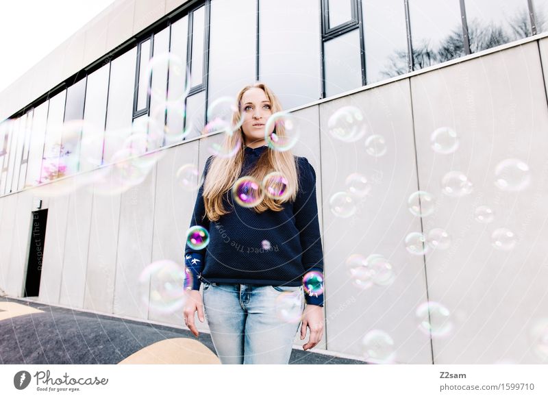bubble trouble Human being Feminine Woman Adults 1 18 - 30 years Youth (Young adults) Jeans Sweater Blonde Long-haired Stand Cool (slang) Fresh Bright