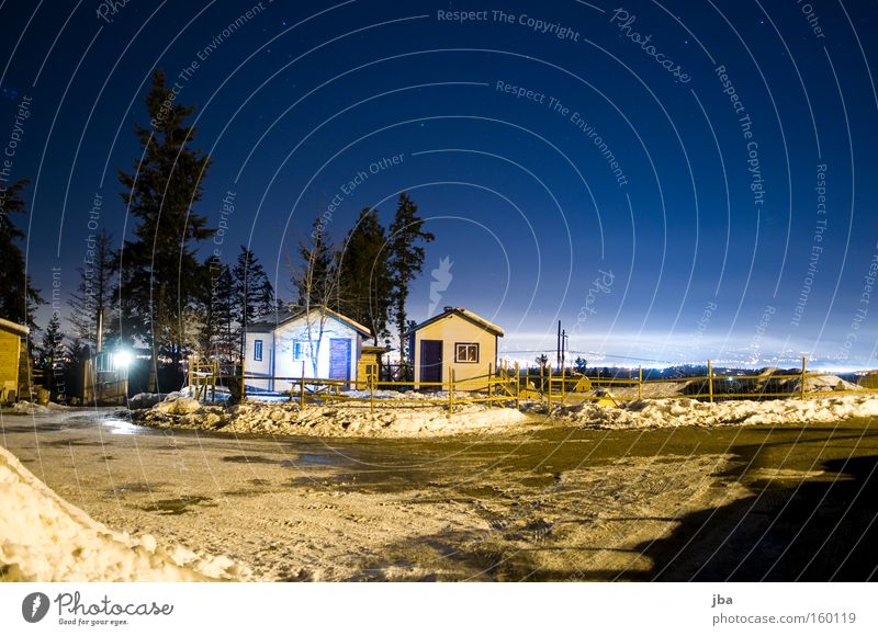 At night on the farm Night Sky Considerable Stars Snow Light Vantage point Fir tree House (Residential Structure) Hut Calm Loneliness Fence Long exposure Gravel