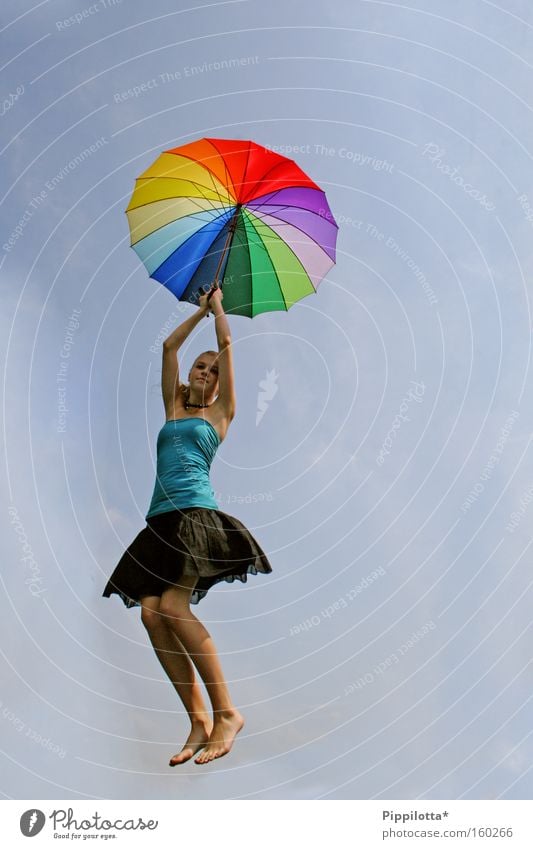 happiness. Joy Air Sky Umbrella Flying Emotions Exuberance Hover Impossible Multicoloured