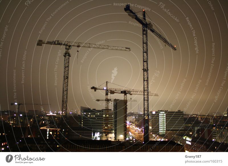Hanse Hamburg Cranes View Colour photo Exterior shot Light Long exposure Panorama (View) House (Residential Structure) Construction site Town Skyline High-rise