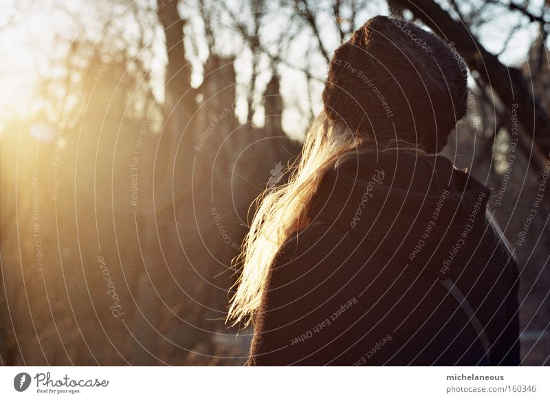 say goodbye to hello Sun Hair and hairstyles Beautiful Goodbye Evening Sunset Black Cap Analog Blonde Contentment Rear view