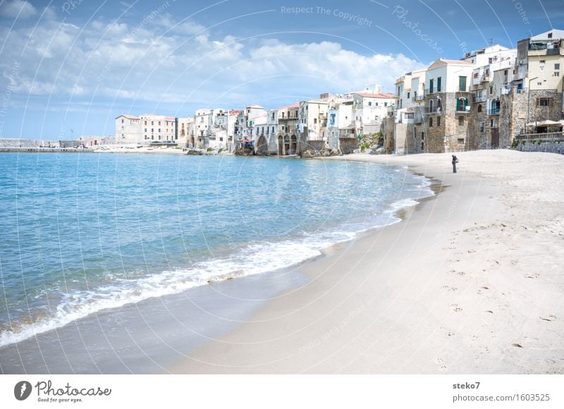 sea view Coast Beach Ocean Small Town Port City Outskirts Warmth Blue Relaxation Vacation & Travel Cefalú Sicily Italy Copy Space left Copy Space bottom