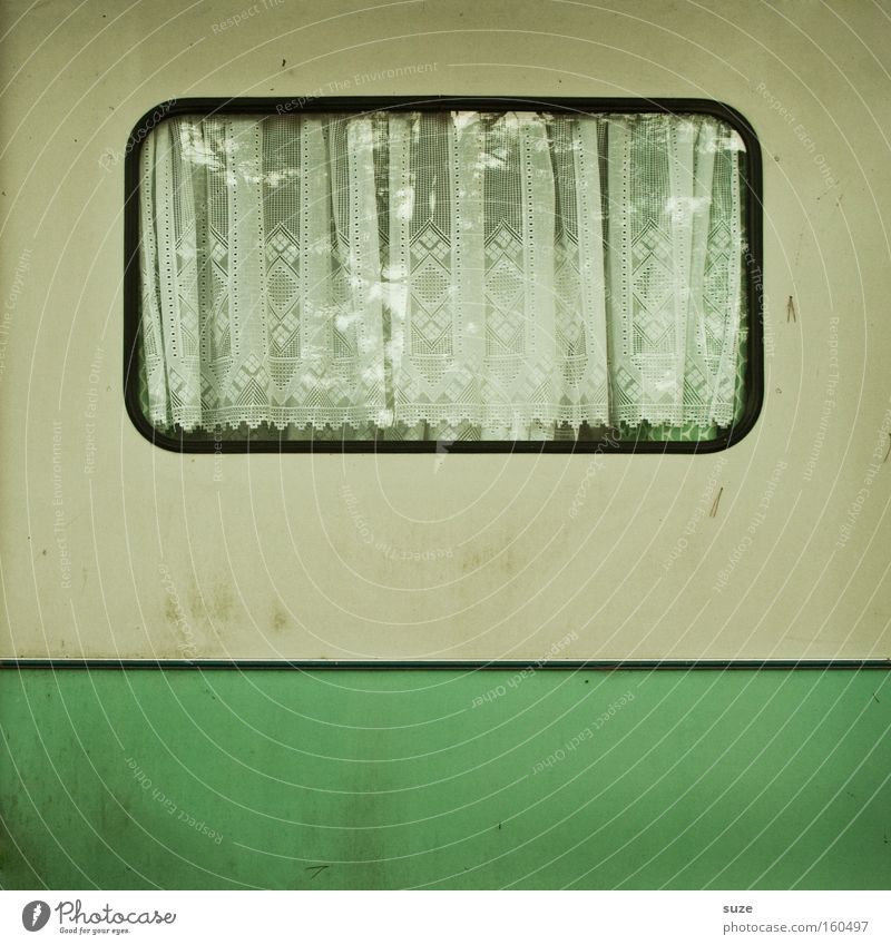 off-season Camping Living or residing Flat (apartment) Window Caravan Dirty Simple Retro Green White Loneliness Past Transience Curtain Drape Thrifty Old Stripe