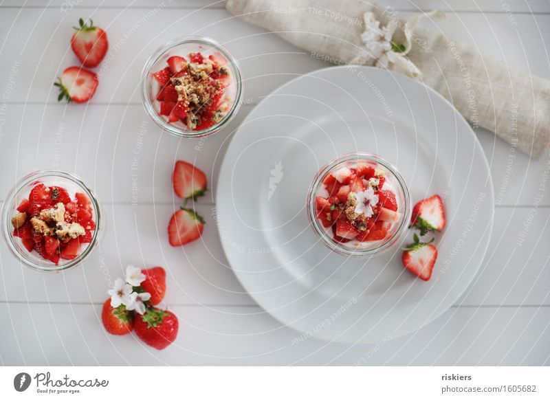 strawberry cheesecake iii Fruit Cake Dessert To have a coffee Fresh Delicious Juicy Sweet Red White Strawberry Glass Colour photo Interior shot Deserted