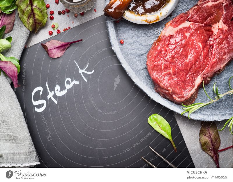 Raw beef steak and grill ingredients Food Meat Lettuce Salad Lunch Dinner Banquet Picnic Organic produce Plate Bowl Style Table Restaurant Barbecue (apparatus)