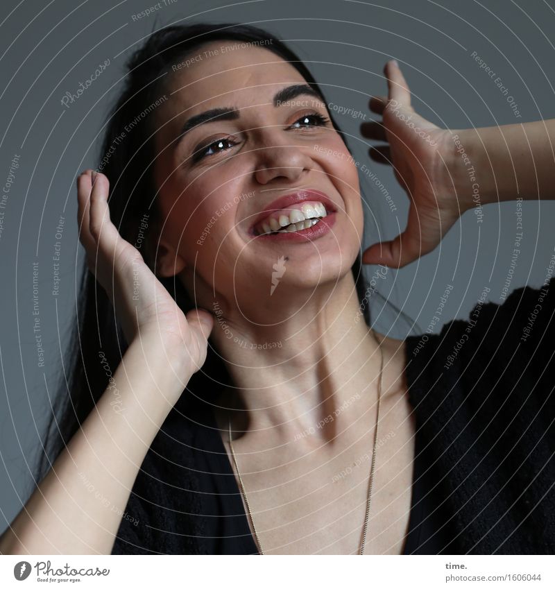 GizzyLovett Feminine 1 Human being Wall (barrier) Wall (building) T-shirt Jewellery Necklace Black-haired Long-haired Observe Laughter Looking Illuminate