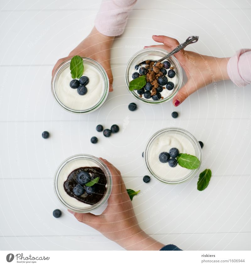 Blueberry Cheesecake Food Fruit Cake Dessert Human being Child Hand 3 To hold on Delicious Sweet Glass Take Colour photo Exterior shot Bird's-eye view
