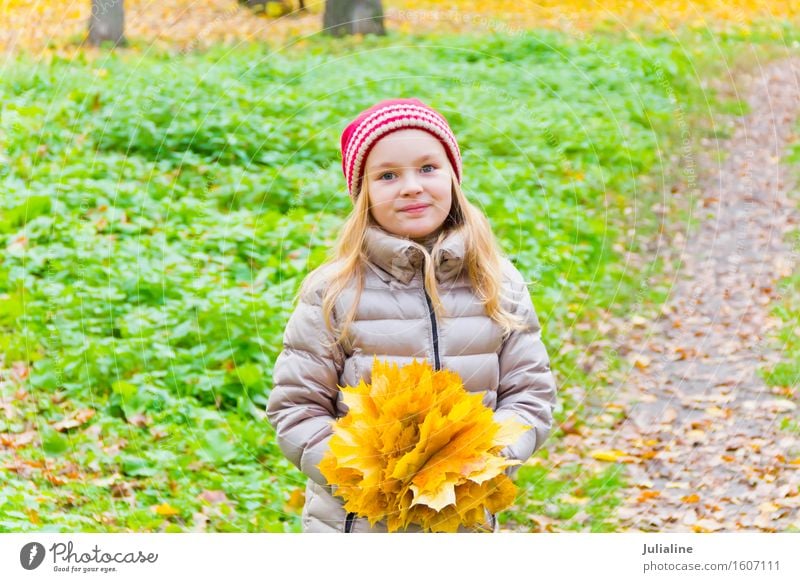 Photo of girl with bouquet from sheets Herbs and spices Child Schoolchild Girl Woman Adults Infancy 1 Human being 3 - 8 years 8 - 13 years Plant Autumn Leaf Hat
