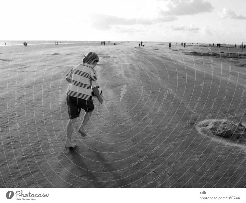 Evening atmosphere at the North Sea | a boy playing ball. Beach Playing Summer Vacation & Travel Relaxation Leisure and hobbies Joy Landscape Walking Movement
