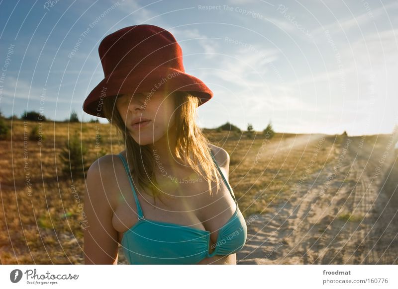 road movie Back-light Sun Summer Hat Woman Eroticism Beautiful Bikini Blonde Sand Warmth Hot Beach Portrait photograph Earth Fashion