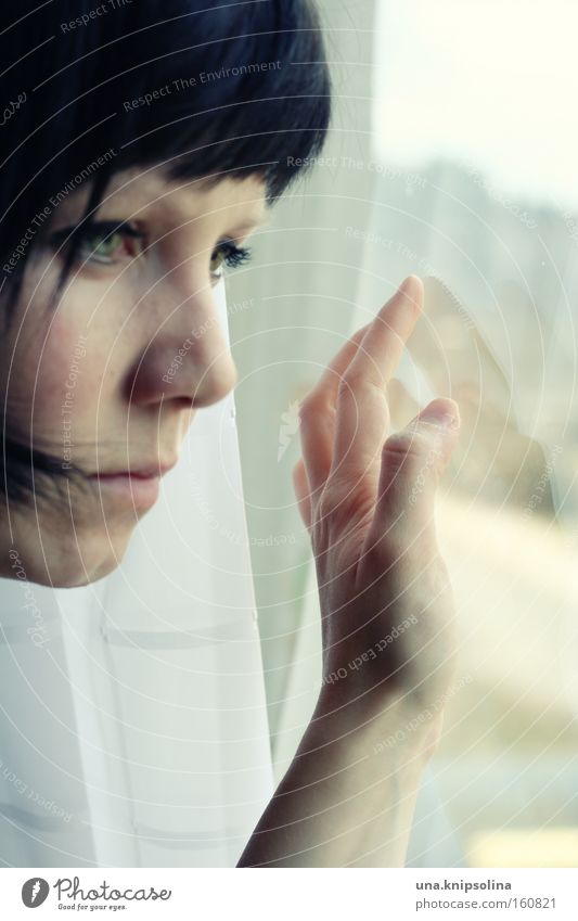 no more outside Face Woman Adults Hand Window Observe Touch Wait Longing Loneliness Vantage point Drape Reflection Portrait photograph Face of a woman