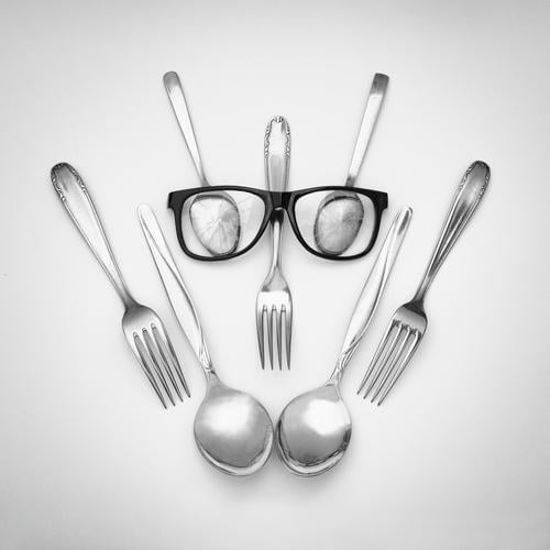 robot Metal Sadness Exceptional Threat Creepy Cold Funny Nerdy Cute Whimsical Robot Technique photograph Eyeglasses Fork Spoon Humor Universe