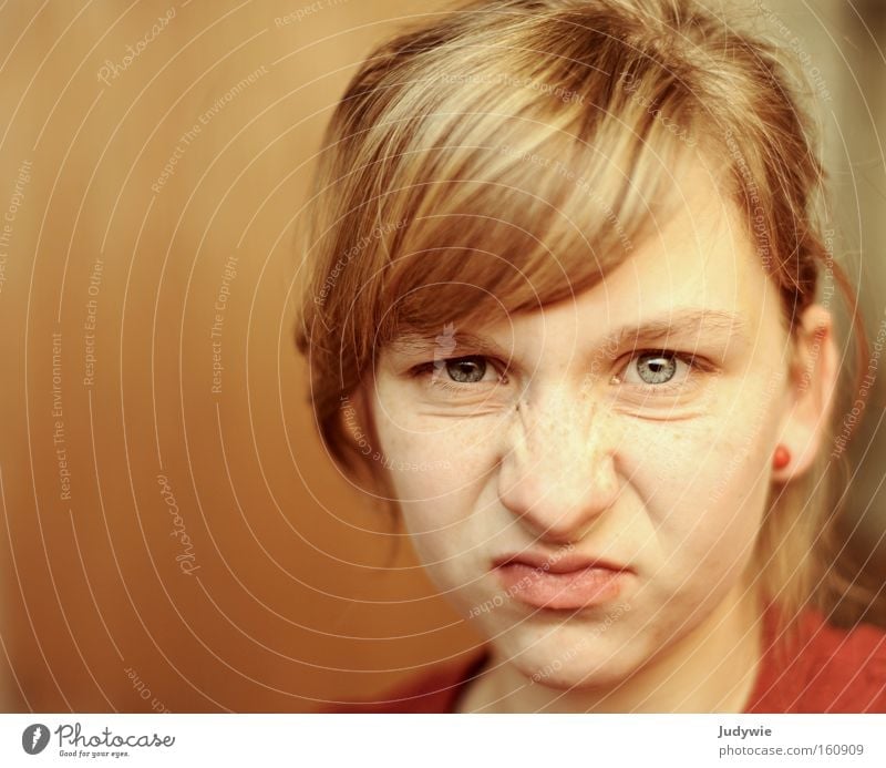 Bad! Colour photo Face Woman Adults Youth (Young adults) Nose Brash Anger Aggravation Grimace Self portrait Puberty self Evil