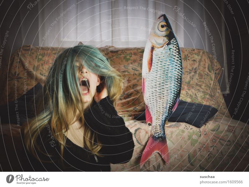 remix | date with fish ... young woman with wig together with fish in front of the sofa Girl Young woman Hair and hairstyles Living room Sofa Fish Remixcase