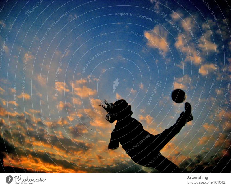 bicycle kick Soccer Foot ball Sports Sky Evening Movement Ball Clouds Sunbeam Human being To fall Moody Contrast Shadow Playing