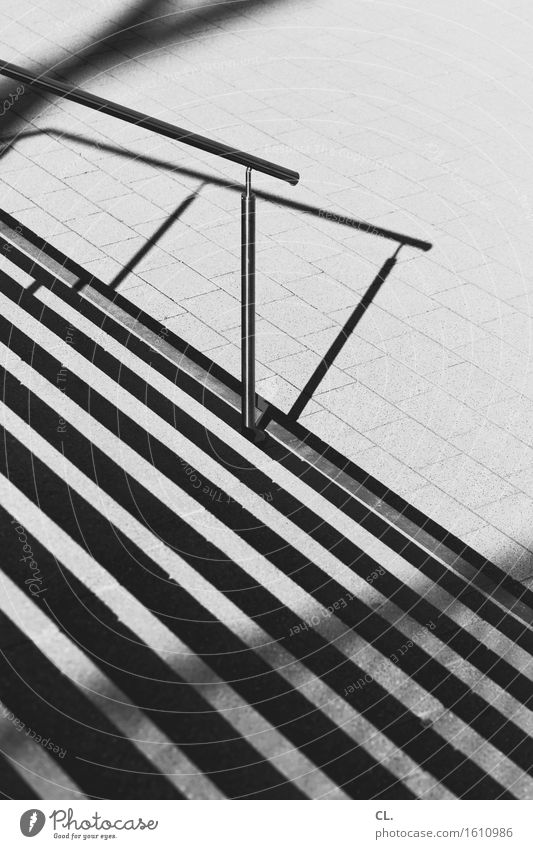 staircase Stairs Traffic infrastructure Lanes & trails Banister Line Sharp-edged Downward Black & white photo Exterior shot Deserted Day Light Shadow Contrast