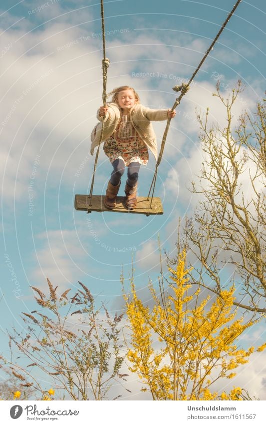 spring dreams Playing Children's game Garden Human being Girl Infancy Life 3 - 8 years Nature Sky Clouds Spring Plant Bushes To swing Dream Happy Infinity Tall