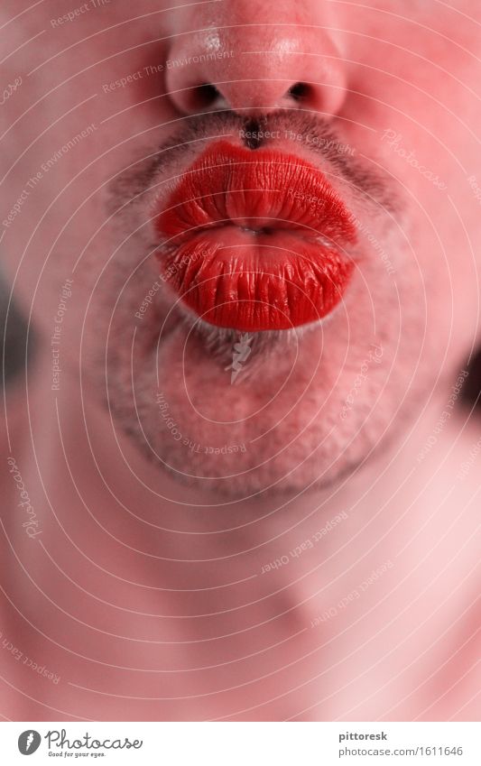Kussmunder Art Esthetic Kissing Pout Red Red light Lips Lipstick Lip care Masculine Feminine Fashion Crazy Exceptional Facial hair Metrosexual Transvestite Nose