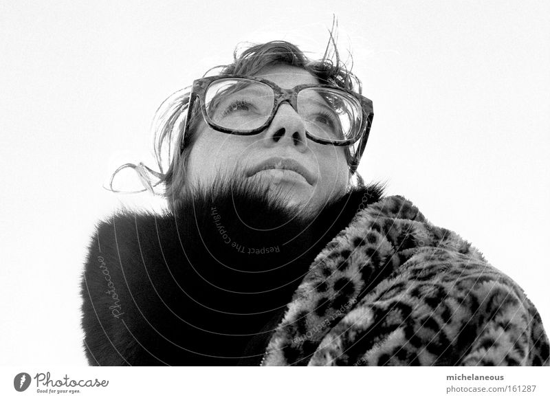 furry Far-off places Pelt Eyeglasses Black White Sky Perspective Curl Happy Foreign Stranger Freedom Longing Concern Black & white photo Woman