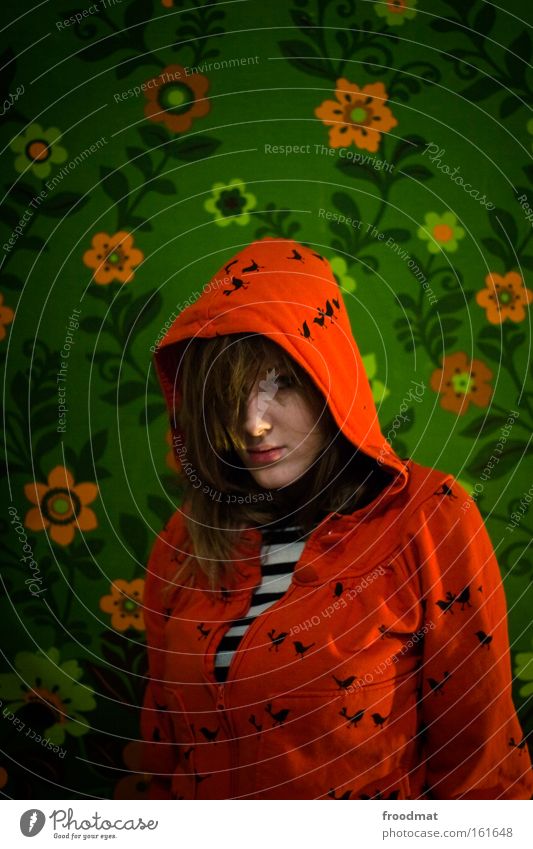 you dear 68ers Woman Portrait photograph Flower Wallpaper Red Green Boredom Hooded (clothing) Beautiful Looking Portrait format Colour Bird Retro