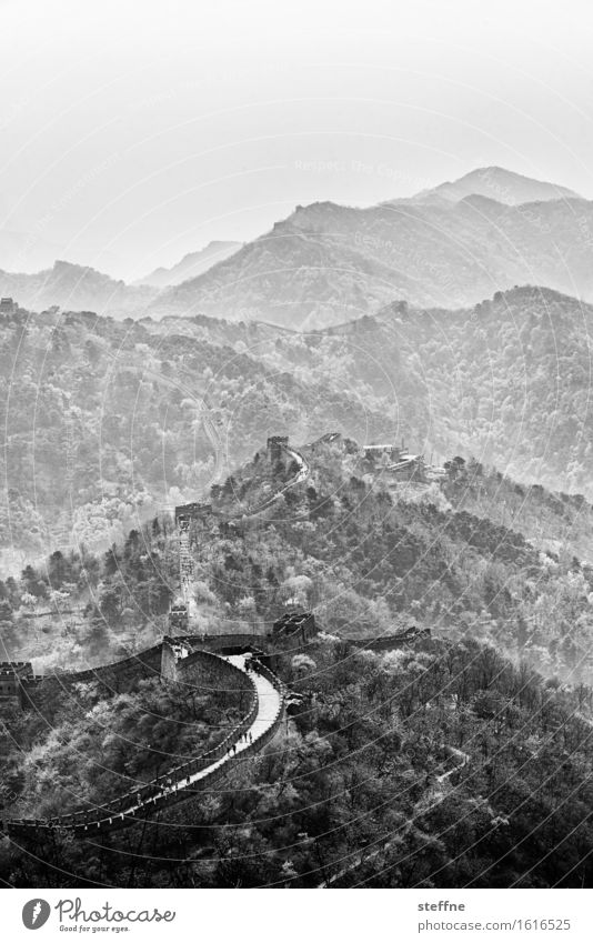 Around the World in China: Mutianyu Mountain Peak Old Great wall Landmark Smog Black & white photo Exterior shot Copy Space top