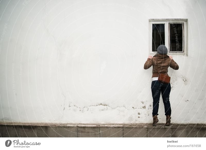 Window. Looking Spy Discover Perspective Window pane Slice Rain Cold Cap Voyeurism Informer Wall (building) Woman
