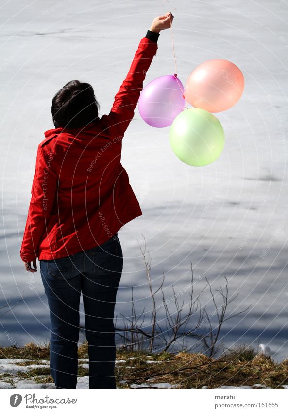 balloon ride Balloon Water Lake Woman Far-off places Nature Red Multicoloured Calm Loneliness Driving Joy Bursting Coast