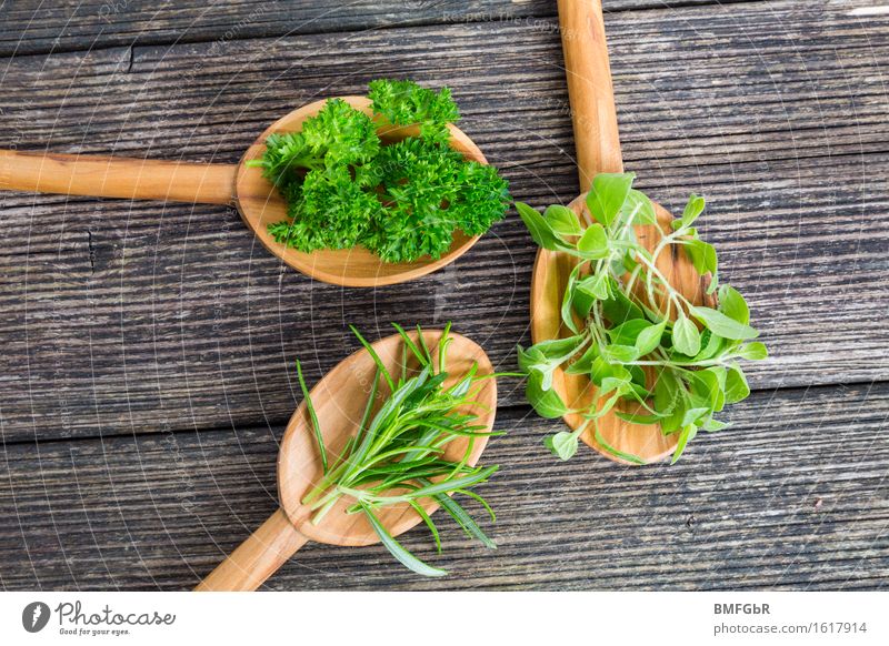 Parsley, marjoram and rosemary Food Herbs and spices Marjoram Rosemary Nutrition Organic produce Vegetarian diet Diet Slow food Spoon Cook Plant